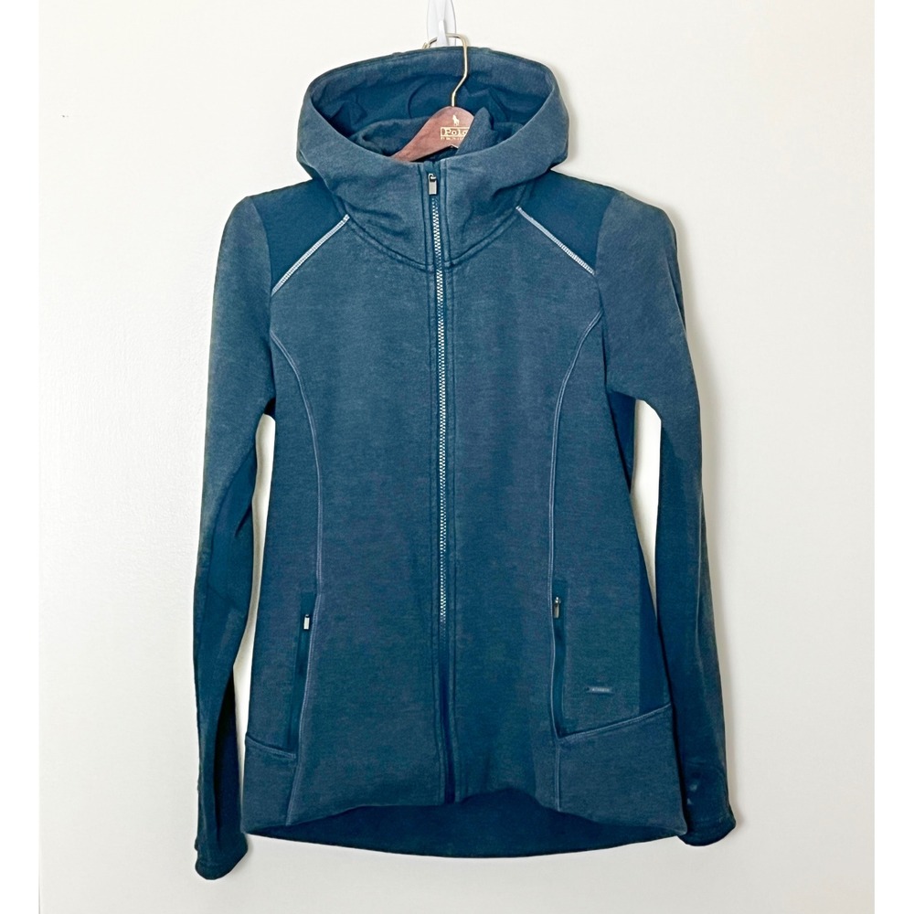 Athleta Stronger Hoodie Womens Med Jade Green Full Zip Scuba Jacket Heavyweight